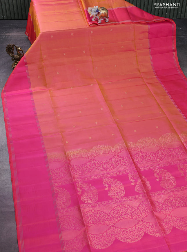 Pure soft silk saree dual shade of pinkish orange and pink with zari woven floral buttas and rettapet zari woven border