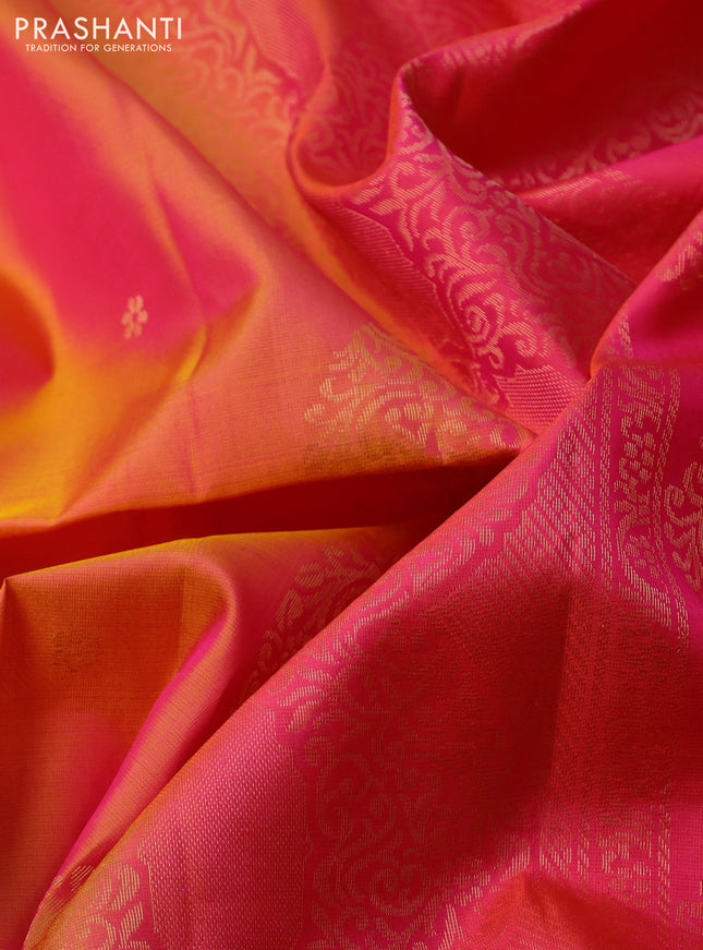 Pure soft silk saree dual shade of pinkish orange and pink with zari woven floral buttas and rettapet zari woven border