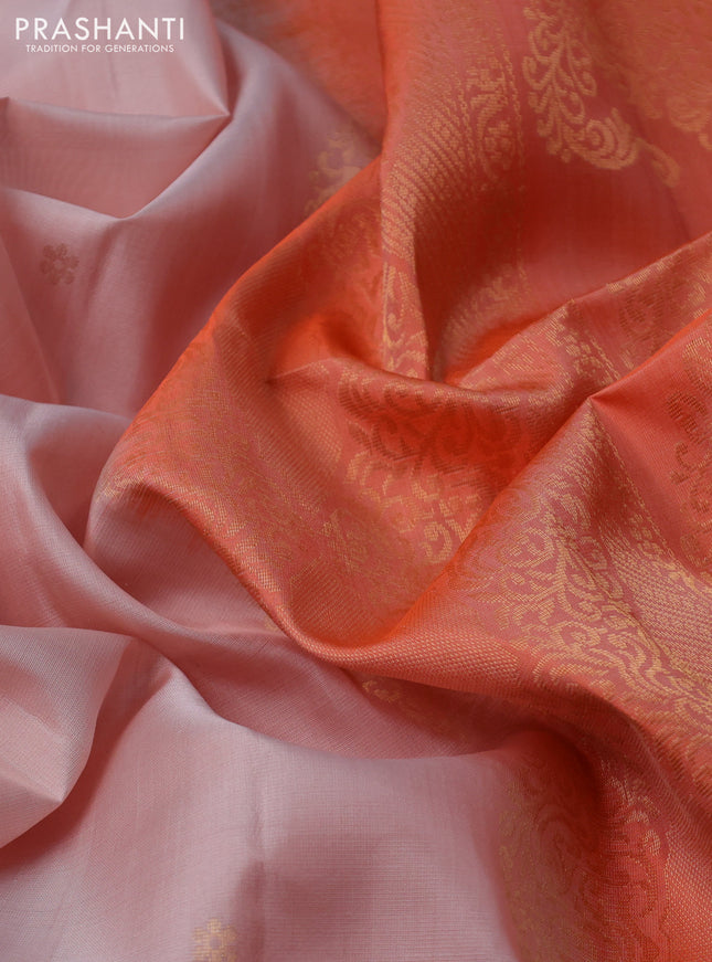 Pure soft silk saree pastel peach and orange with zari woven floral buttas and rettapet zari woven border