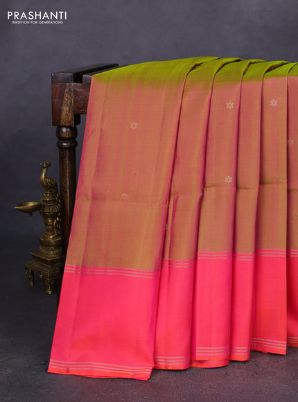 Pure soft silk saree dual shade of pinkish green and pink with zari woven floral buttas and rettapet zari woven border