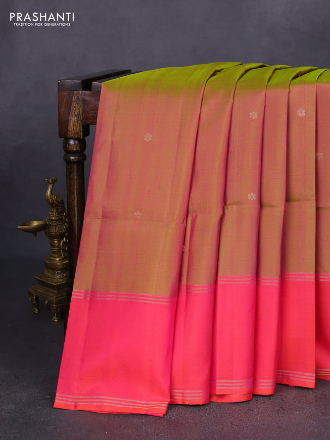 Pure soft silk saree dual shade of pinkish green and pink with zari woven floral buttas and rettapet zari woven border