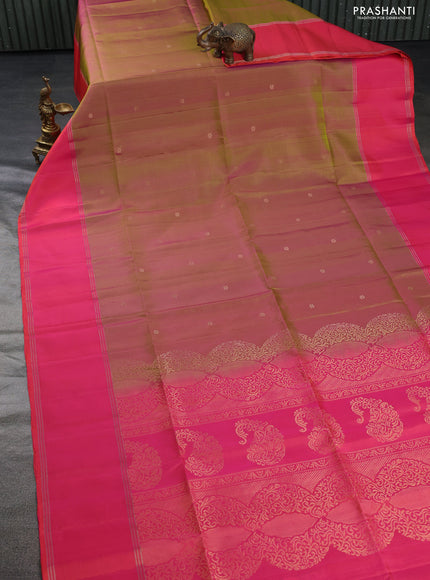 Pure soft silk saree dual shade of pinkish green and pink with zari woven floral buttas and rettapet zari woven border