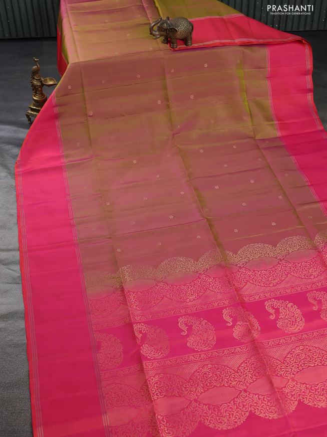 Pure soft silk saree dual shade of pinkish green and pink with zari woven floral buttas and rettapet zari woven border