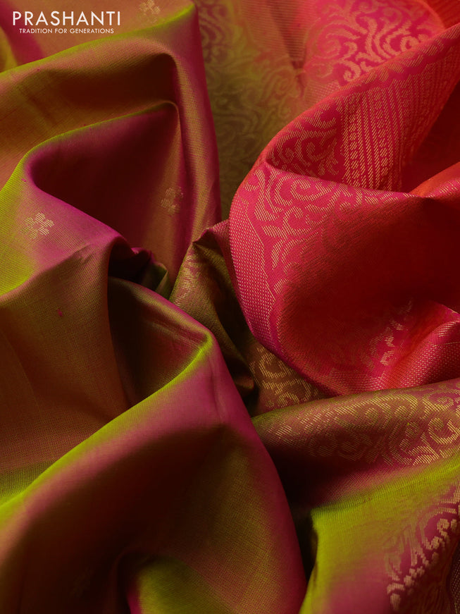 Pure soft silk saree dual shade of pinkish green and pink with zari woven floral buttas and rettapet zari woven border