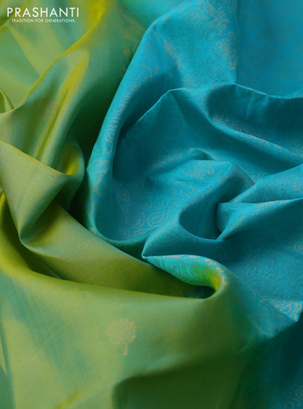 Pure soft silk saree dual shade of light green and teal blue with zari woven floral buttas and rettapet zari woven border