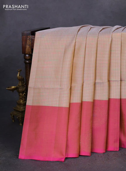 Pure soft silk saree sandal and dual shade of pink with allover thread checked pattern and long zari woven butta border