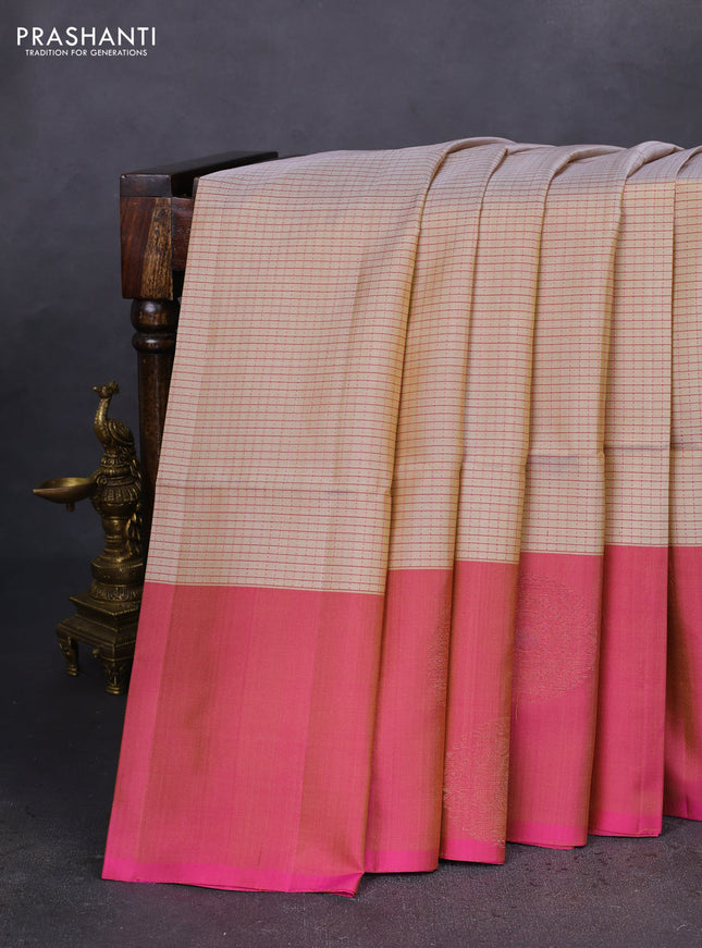 Pure soft silk saree sandal and dual shade of pink with allover thread checked pattern and long zari woven butta border