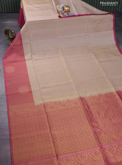 Pure soft silk saree sandal and dual shade of pink with allover thread checked pattern and long zari woven butta border
