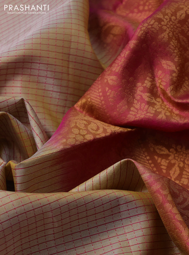 Pure soft silk saree sandal and dual shade of pink with allover thread checked pattern and long zari woven butta border