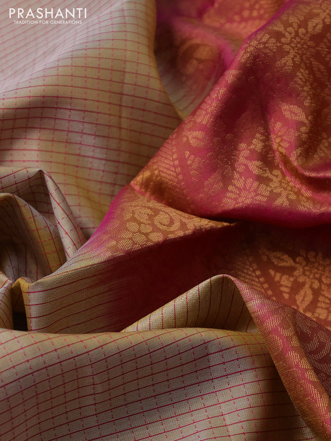 Pure soft silk saree sandal and dual shade of pink with allover thread checked pattern and long zari woven butta border