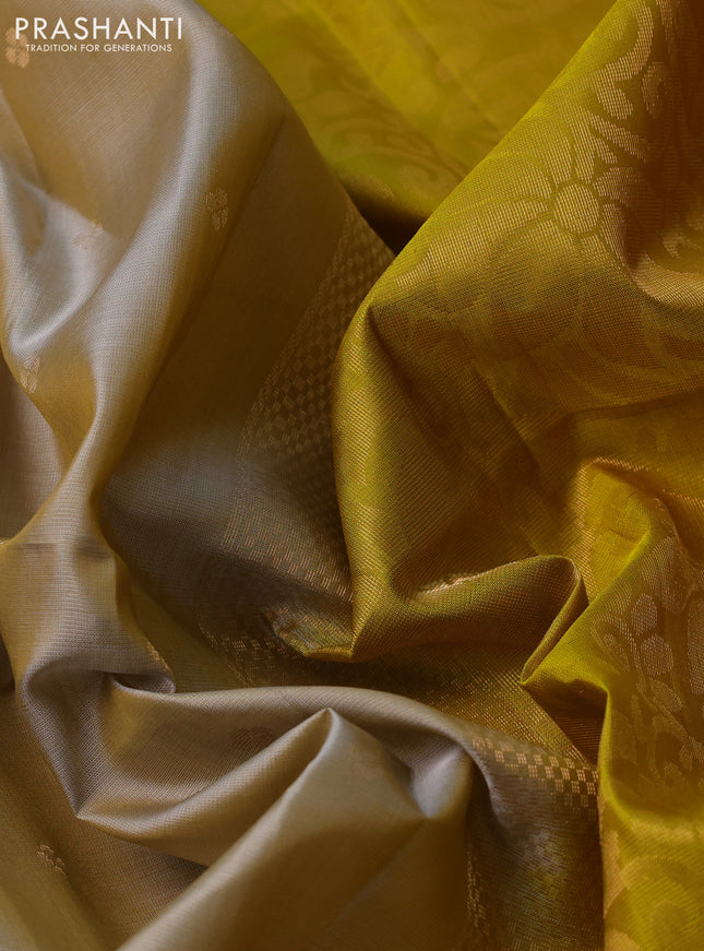 Pure soft silk saree beige and mustard yellow with zari woven buttas and rettapet zari woven border