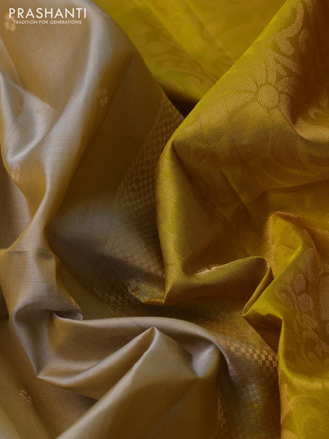 Pure soft silk saree beige and mustard yellow with zari woven buttas and rettapet zari woven border