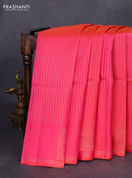 Pure soft silk saree dual shade of pinkish orange with allover zari weaves and zari woven butta border