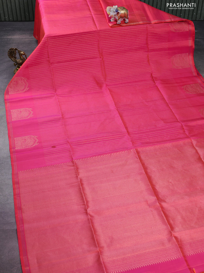 Pure soft silk saree dual shade of pinkish orange with allover zari weaves and zari woven butta border