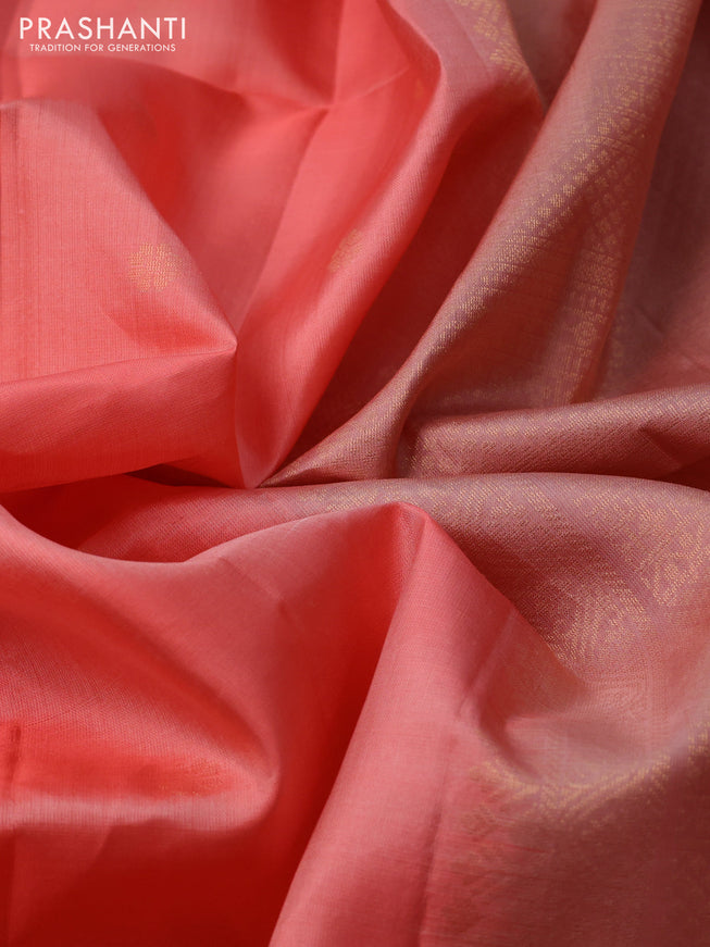 Pure soft silk saree peach pink and pastel peach with zari woven floral buttas and rettapet zari woven border