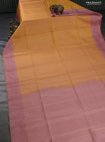 Pure soft silk saree mustard yellow and pastel peach with allover zari checked pattern and rettapet zari woven border