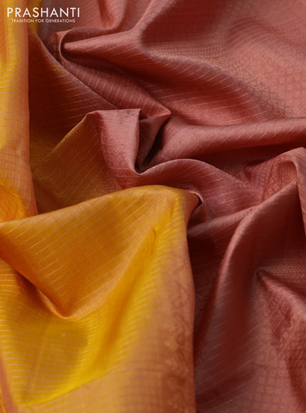 Pure soft silk saree mustard yellow and pastel peach with allover zari checked pattern and rettapet zari woven border