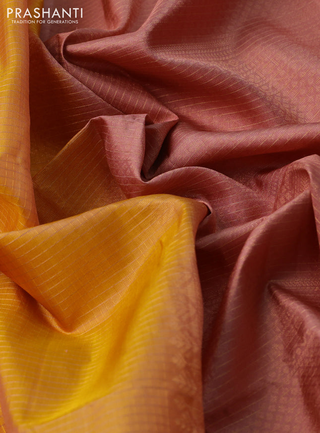 Pure soft silk saree mustard yellow and pastel peach with allover zari checked pattern and rettapet zari woven border