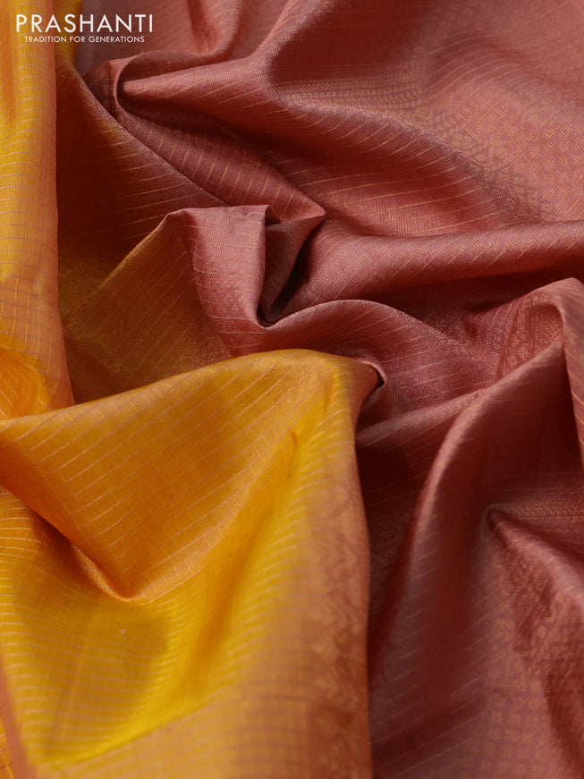 Pure soft silk saree mustard yellow and pastel peach with allover zari checked pattern and rettapet zari woven border