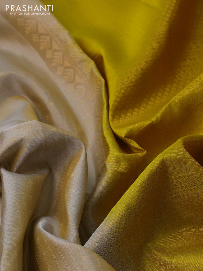Pure soft silk saree grey shade and mustard yellow with allover zari weaves and rettapet zari woven border