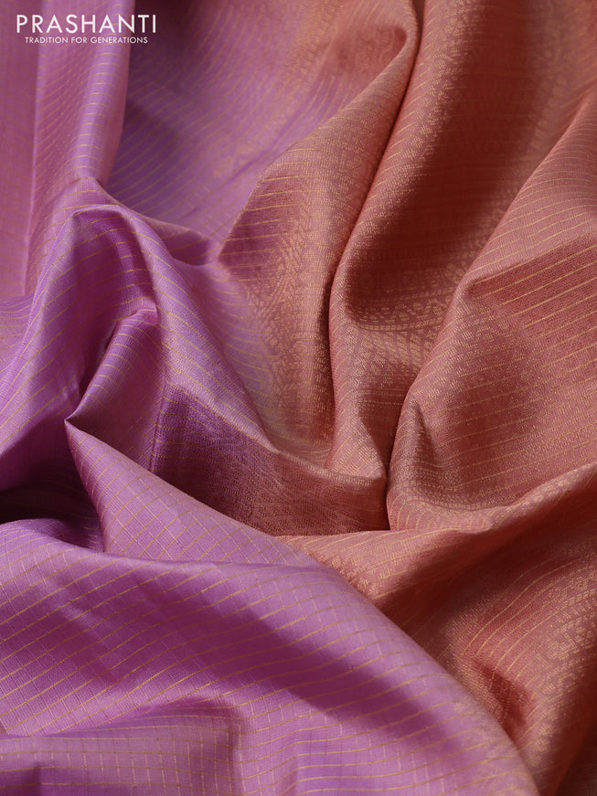 Pure soft silk saree pastel lavender and pastel peach with allover zari checked pattern and rettapet zari woven border