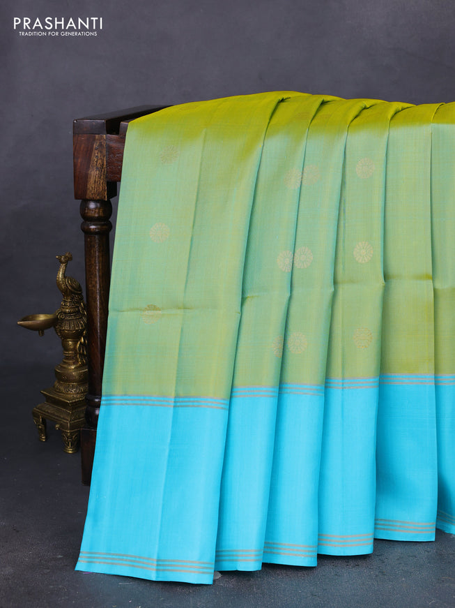 Pure soft silk saree dual shade of green and light blue with zari woven buttas and long rettapet zari woven border