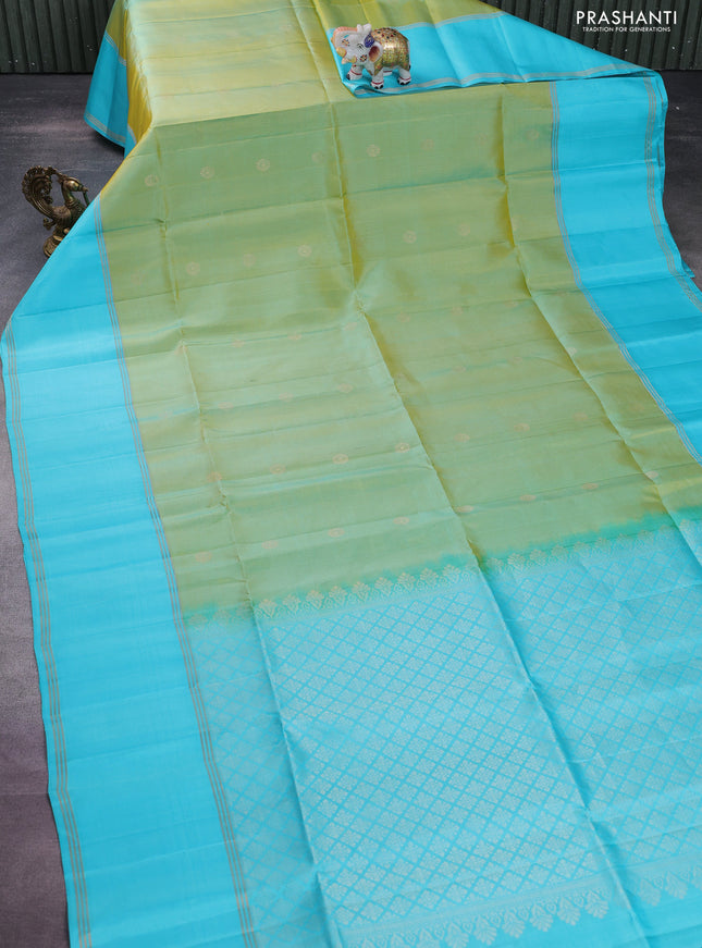 Pure soft silk saree dual shade of green and light blue with zari woven buttas and long rettapet zari woven border