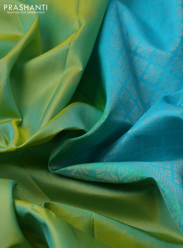 Pure soft silk saree dual shade of green and light blue with zari woven buttas and long rettapet zari woven border