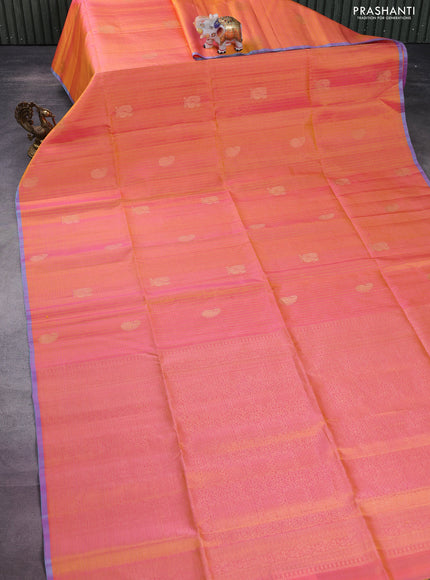 Pure soft silk saree dual shade of pinkish orange with allover checks & annam buttas and piping border