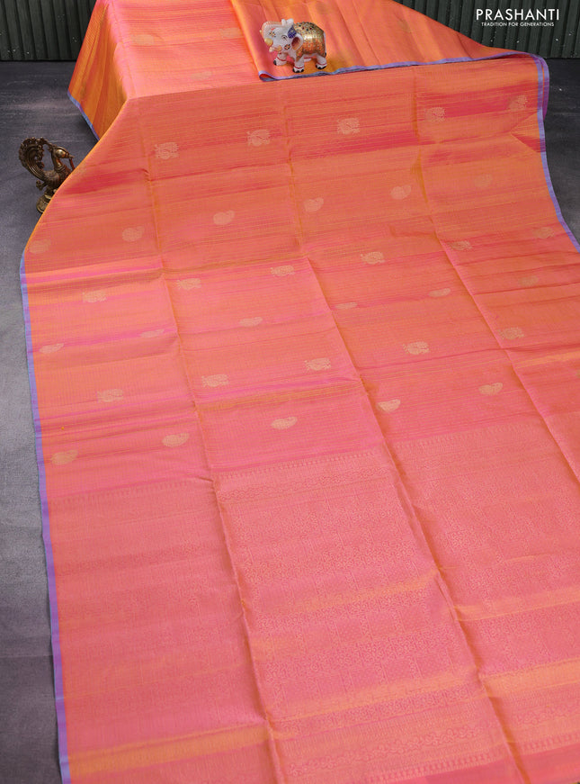 Pure soft silk saree dual shade of pinkish orange with allover checks & annam buttas and piping border