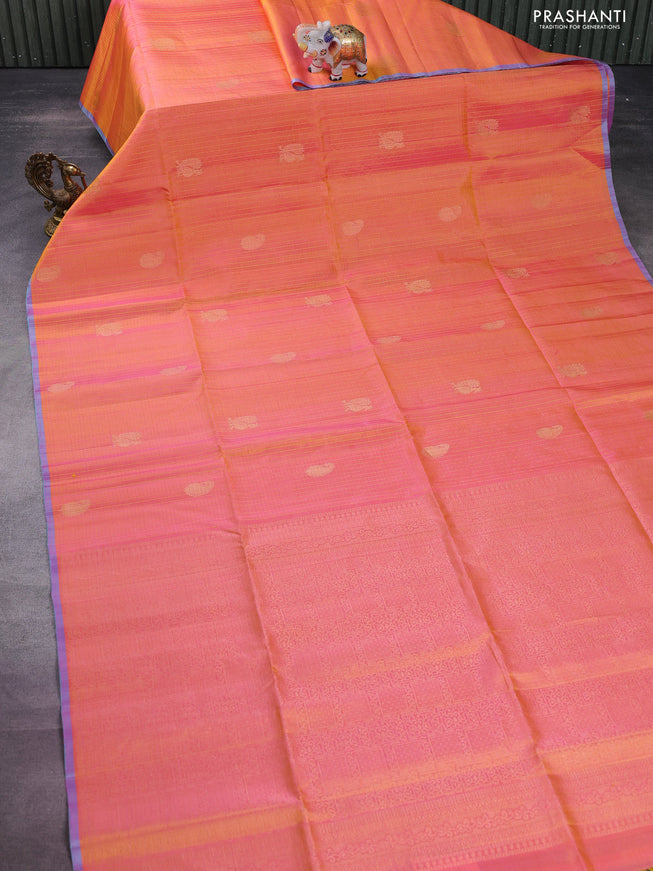 Pure soft silk saree dual shade of pinkish orange with allover checks & annam buttas and piping border