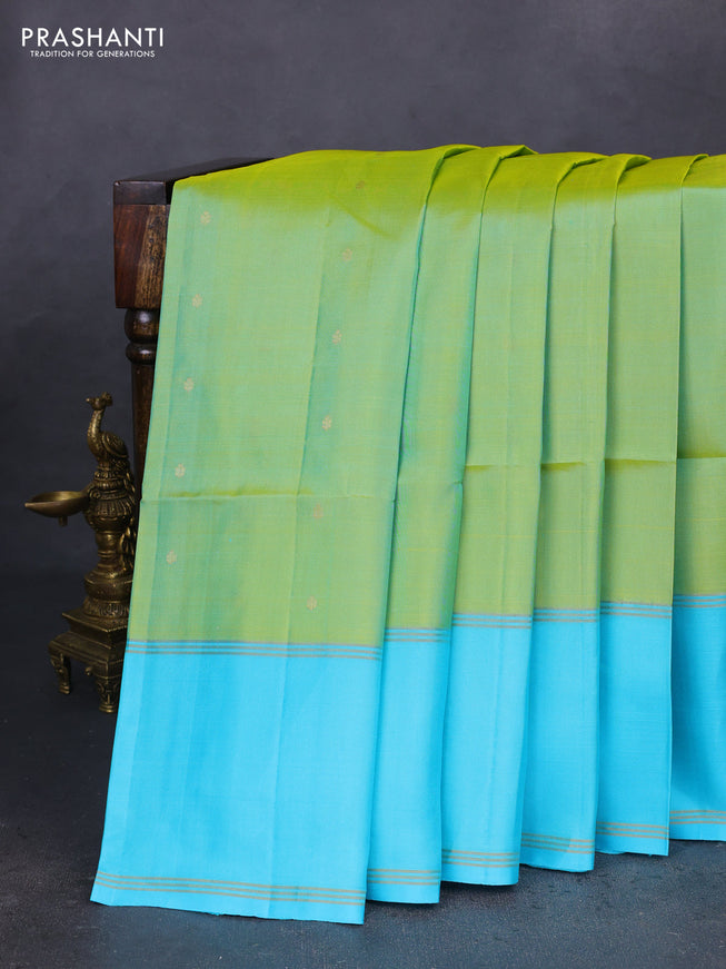 Pure soft silk saree dual shade of green and light blue with zari woven buttas and rettapet zari woven border