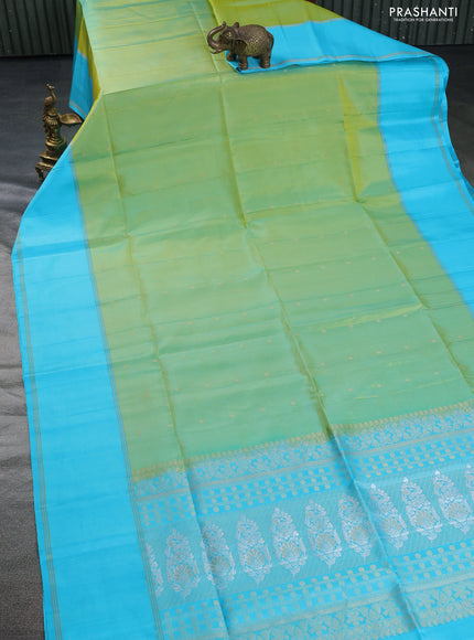 Pure soft silk saree dual shade of green and light blue with zari woven buttas and rettapet zari woven border