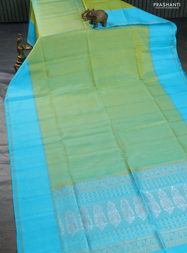 Pure soft silk saree dual shade of green and light blue with zari woven buttas and rettapet zari woven border