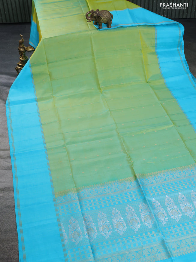 Pure soft silk saree dual shade of green and light blue with zari woven buttas and rettapet zari woven border