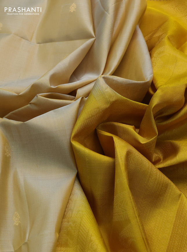 Pure soft silk saree sandal and mustard yellow with zari woven buttas and rettapet zari woven border