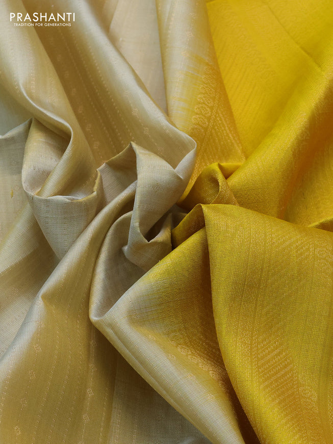 Pure soft silk saree beige and yellow with allover zari weaves and rettapet zari woven border