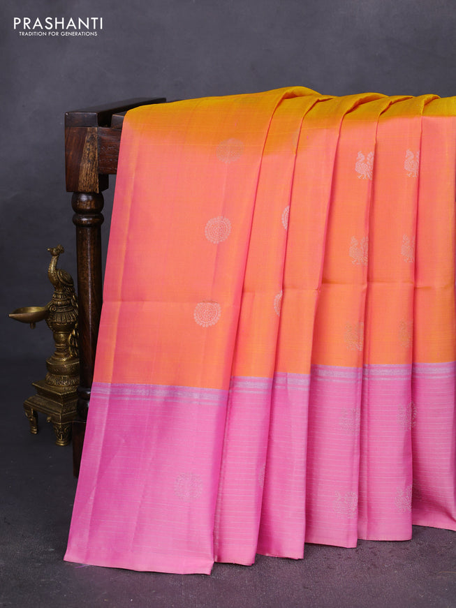 Pure soft silk saree dual shade of pinkish yellow and light pink with silver zari woven buttas and long silver zari woven border