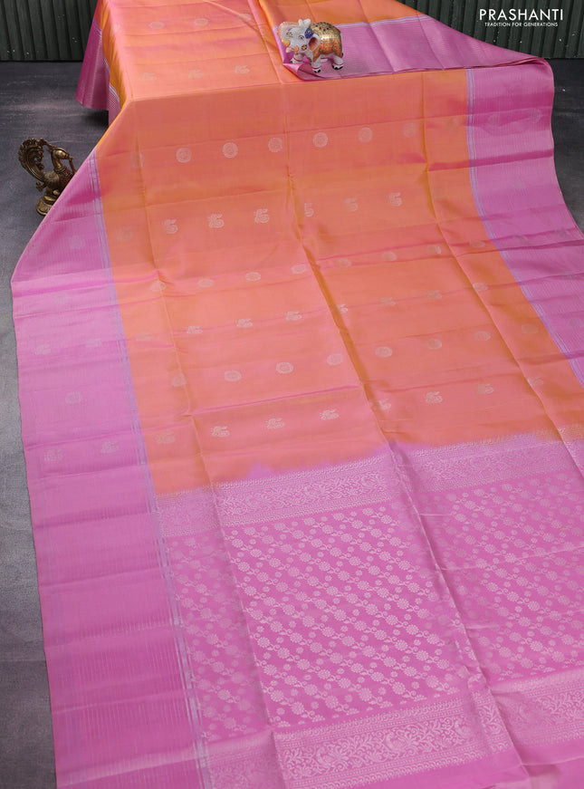 Pure soft silk saree dual shade of pinkish yellow and light pink with silver zari woven buttas and long silver zari woven border