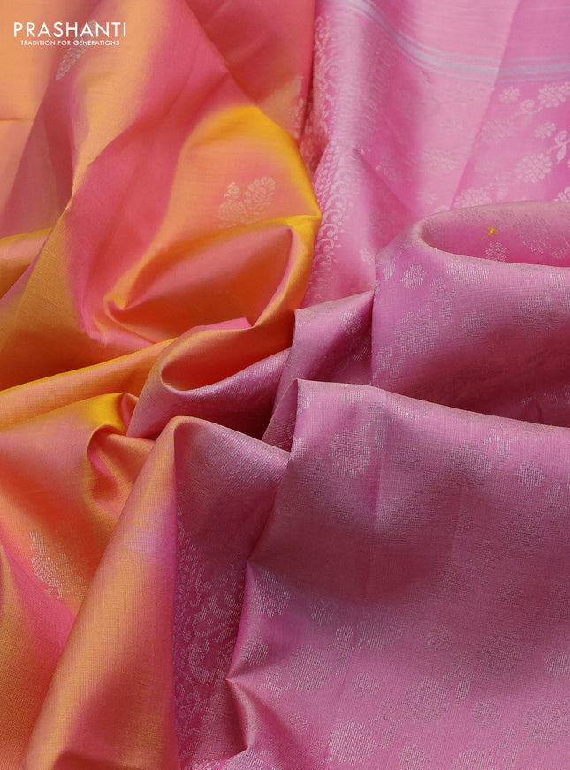 Pure soft silk saree dual shade of pinkish yellow and light pink with silver zari woven buttas and long silver zari woven border