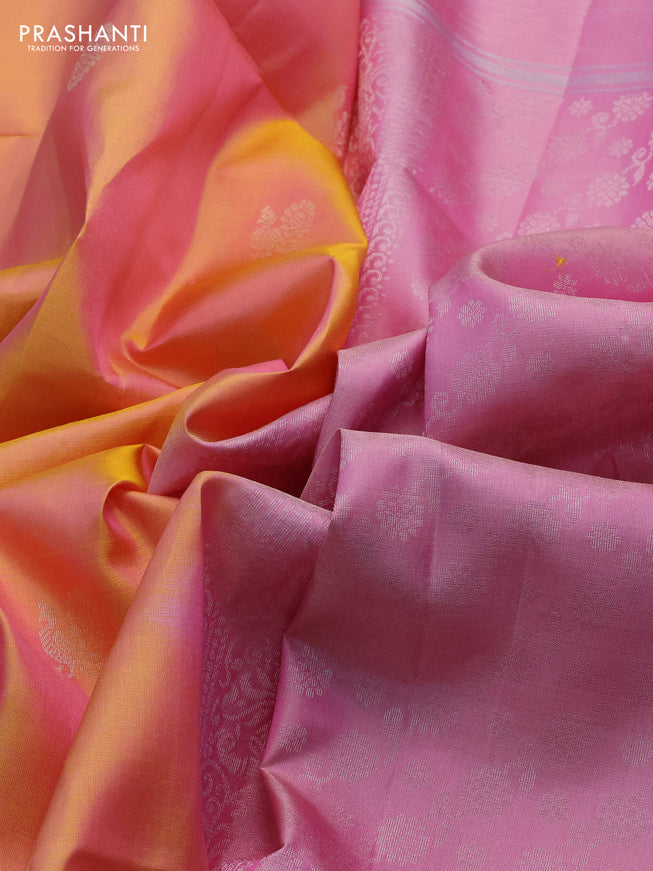 Pure soft silk saree dual shade of pinkish yellow and light pink with silver zari woven buttas and long silver zari woven border