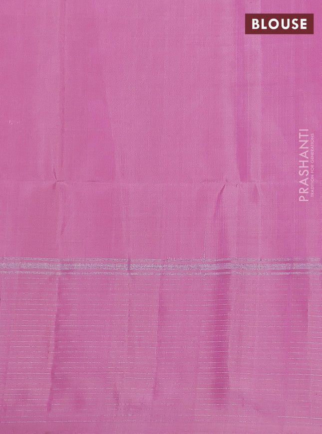 Pure soft silk saree dual shade of pinkish yellow and light pink with silver zari woven buttas and long silver zari woven border
