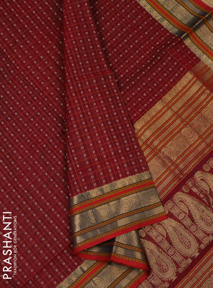 Kanchipuram silk cotton saree maroon and red with allover thread checks & buttas and zari woven border