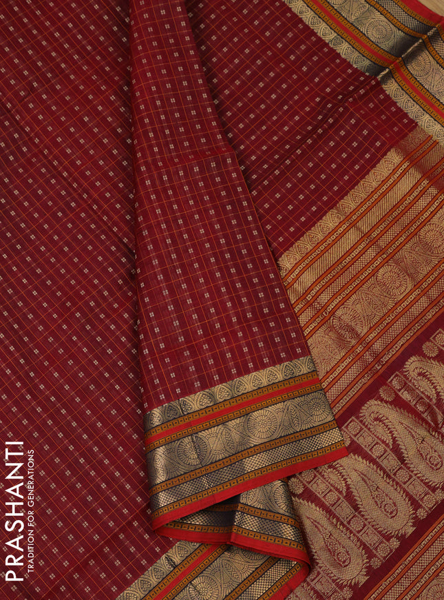 Kanchipuram silk cotton saree maroon and red with allover thread checks & buttas and zari woven border