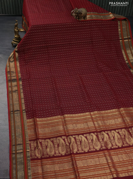 Kanchipuram silk cotton saree maroon and red with allover thread checks & buttas and zari woven border