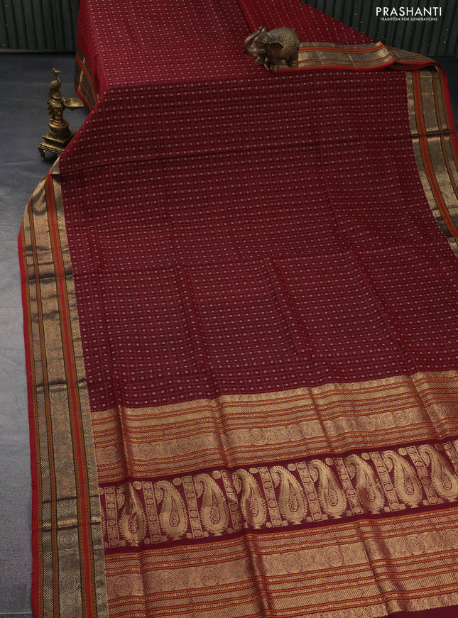 Kanchipuram silk cotton saree maroon and red with allover thread checks & buttas and zari woven border