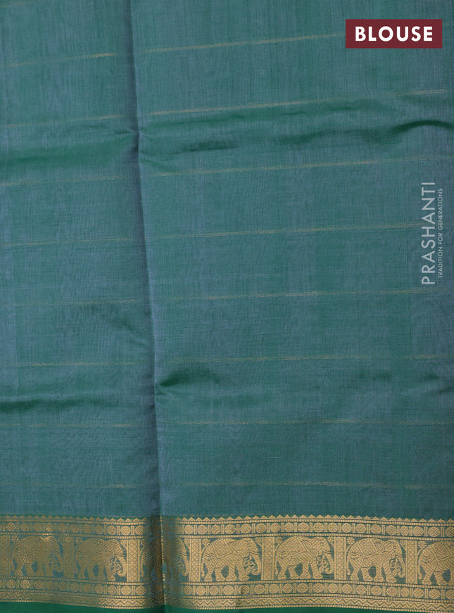 Kanchipuram silk cotton saree green with allover zari stripe pattern and elephant zari woven border