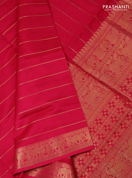 Kanchipuram silk cotton saree pink with allover zari stripe pattern and elephant zari woven border