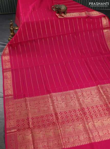 Kanchipuram silk cotton saree pink with allover zari stripe pattern and elephant zari woven border