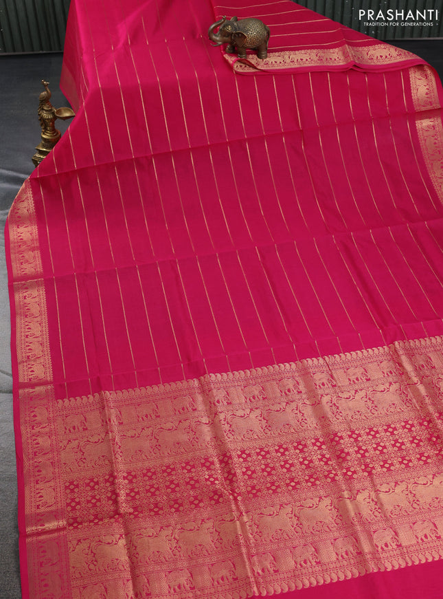 Kanchipuram silk cotton saree pink with allover zari stripe pattern and elephant zari woven border